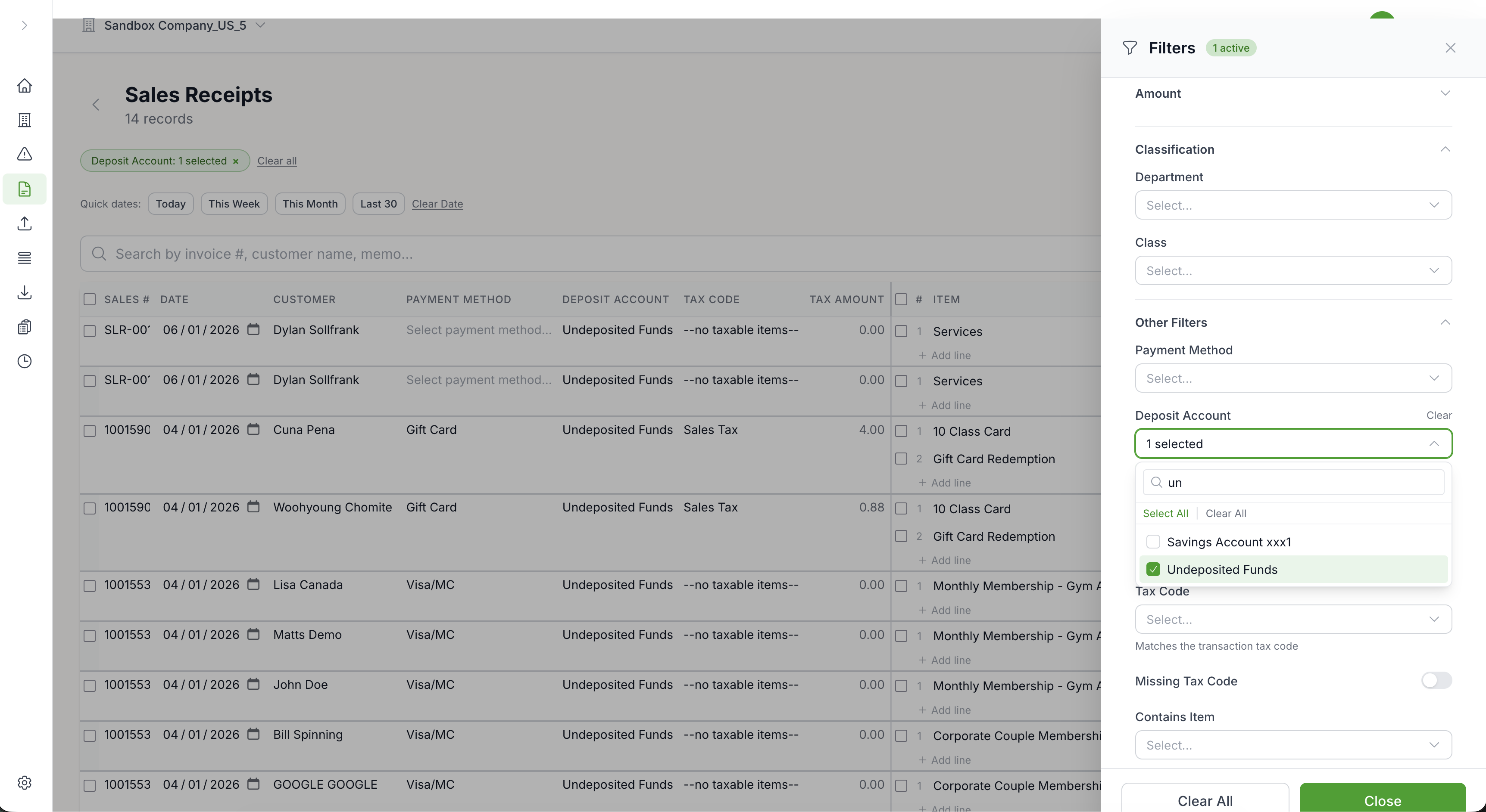 Filtering sales receipts by date and deposit account in Quellba