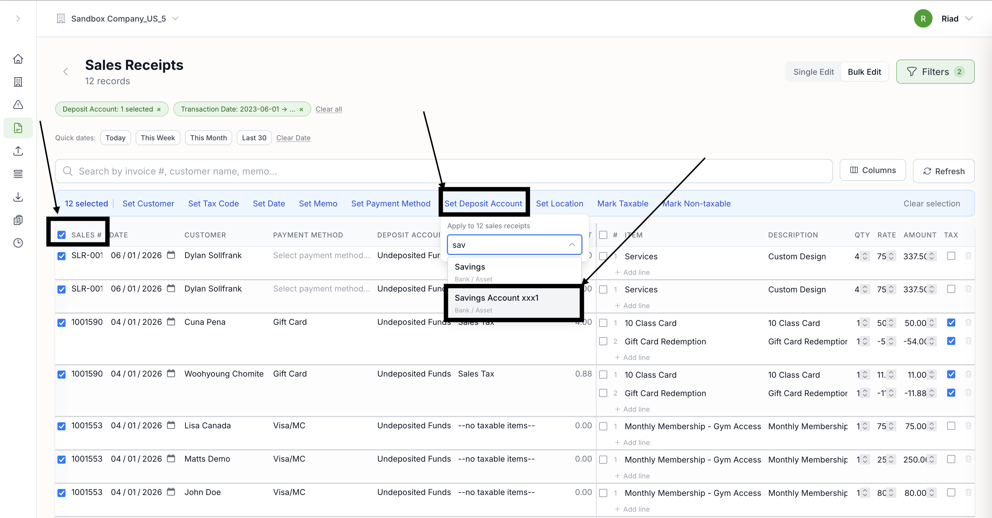 Selecting rows and choosing the Deposit Account column to bulk edit