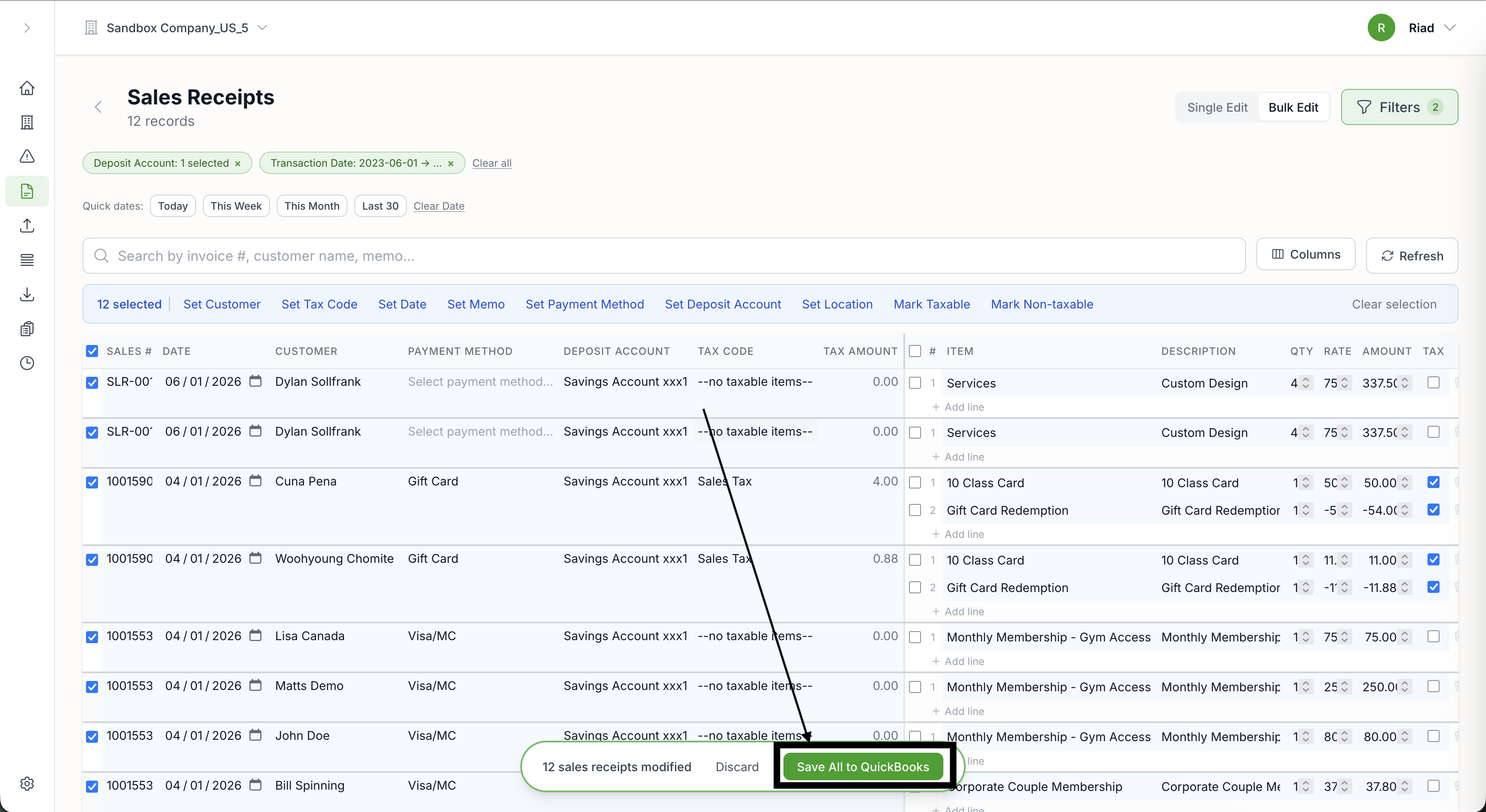 Setting a new deposit account across the selected sales receipts
