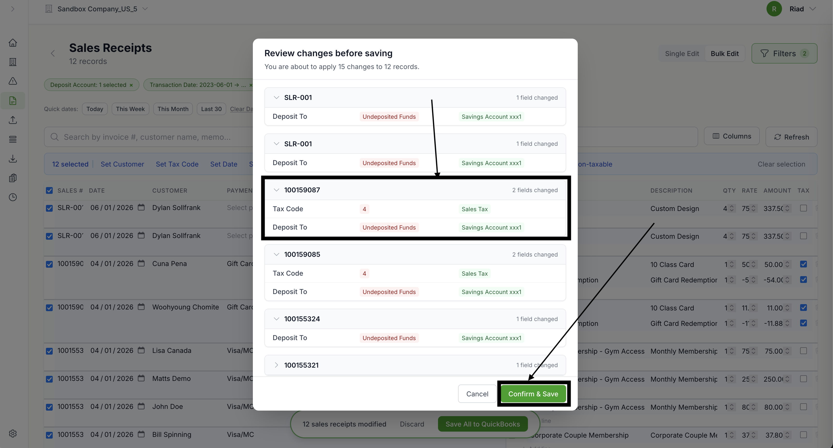 The review queue showing staged changes before saving