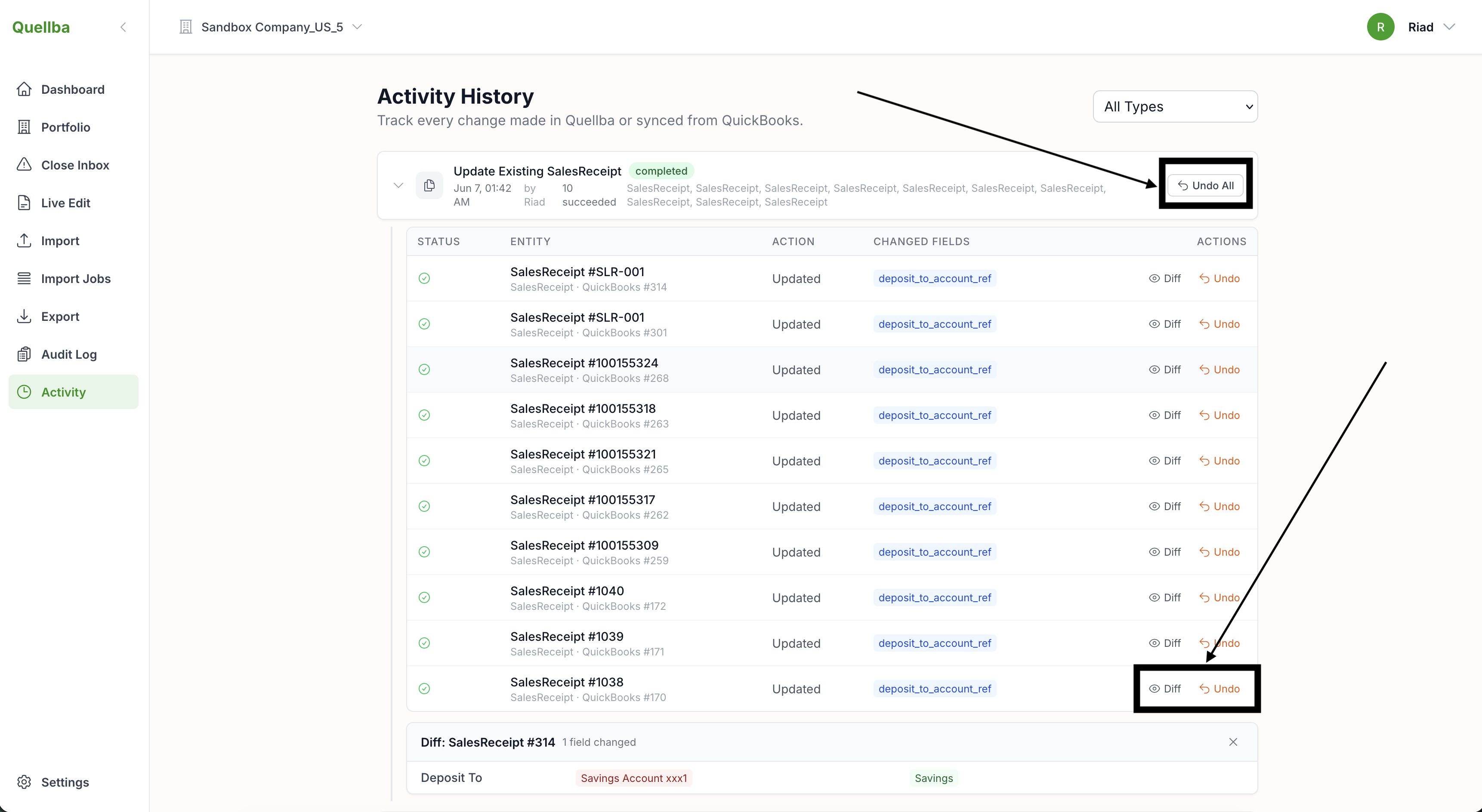 Batch history with the one-click Undo option