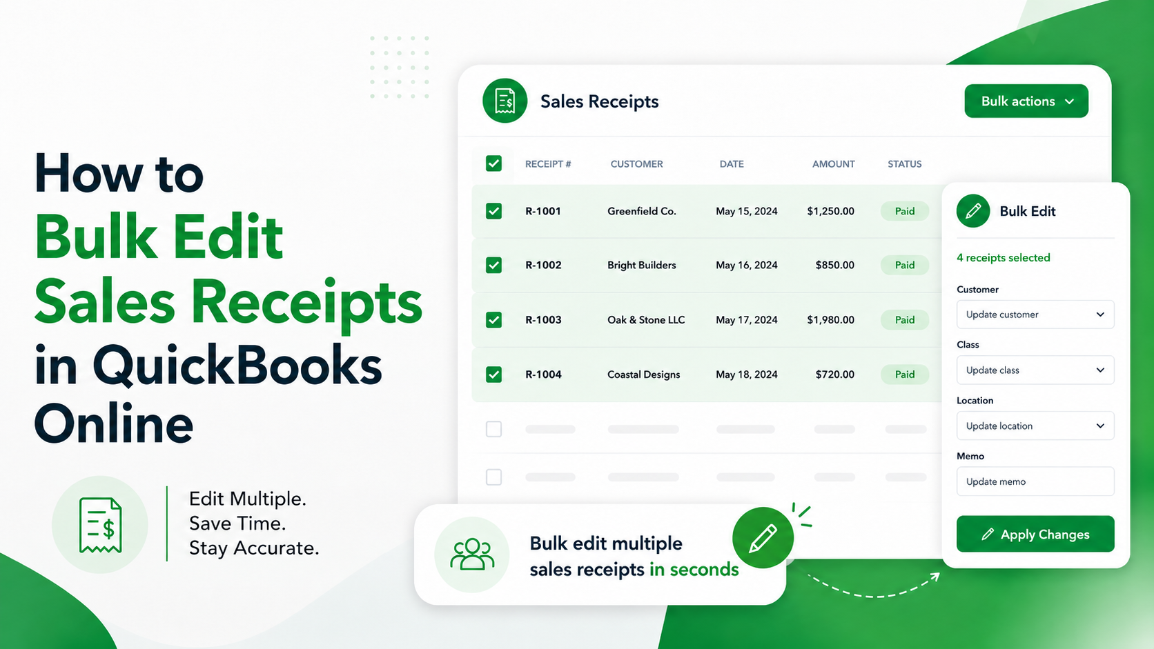 Bulk editing sales receipts in QuickBooks Online with Quellba